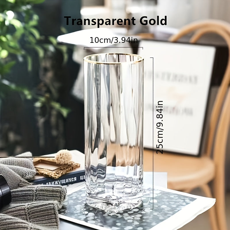 1pc Premium Golden Edge Glass Cylinder Vase, Thickened Clear Modern Style Hand Blown Vase For Home Decor
