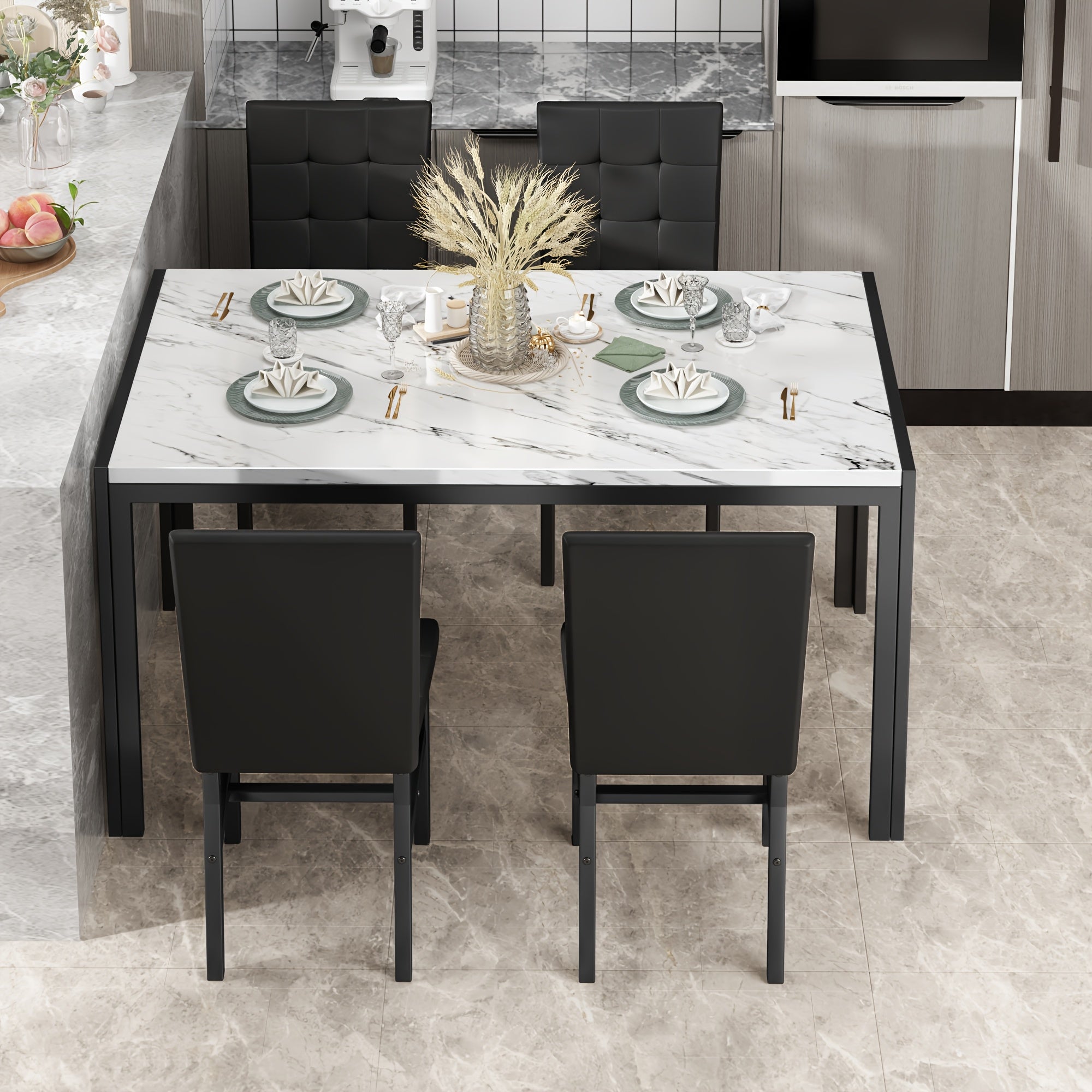 5pcs Faux Marble Tabletop Dining Table Set