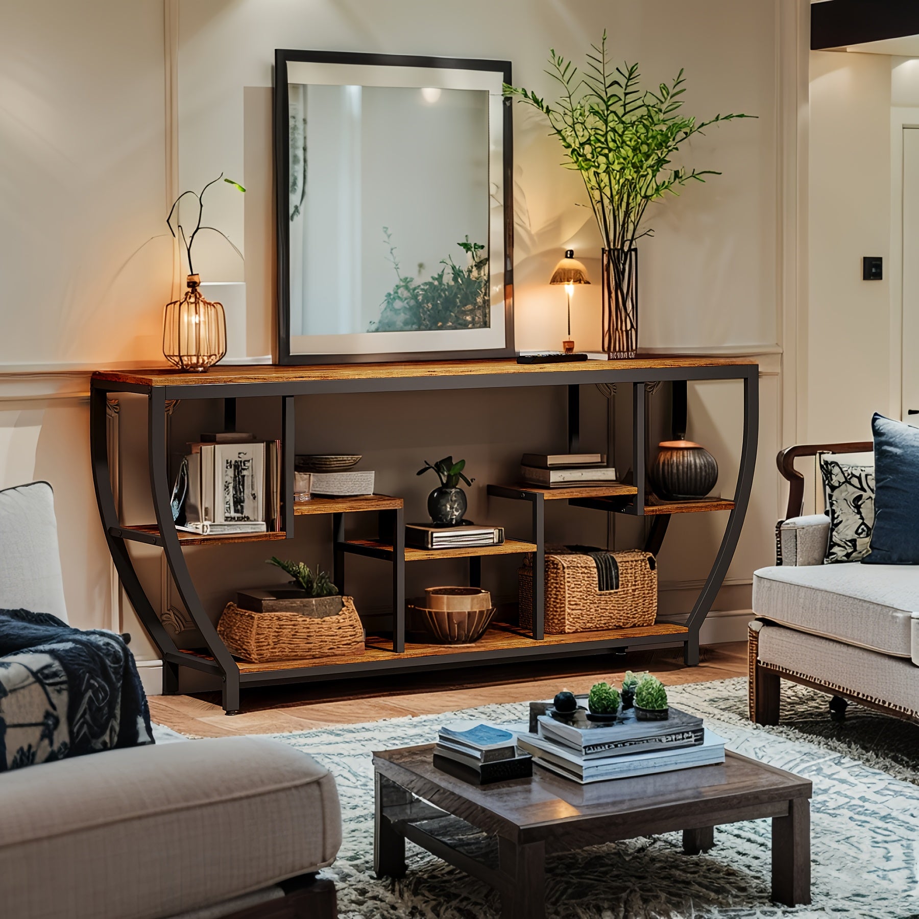 Industrial Console Table - 3-Tier Narrow Sofa Table with Open Shelves