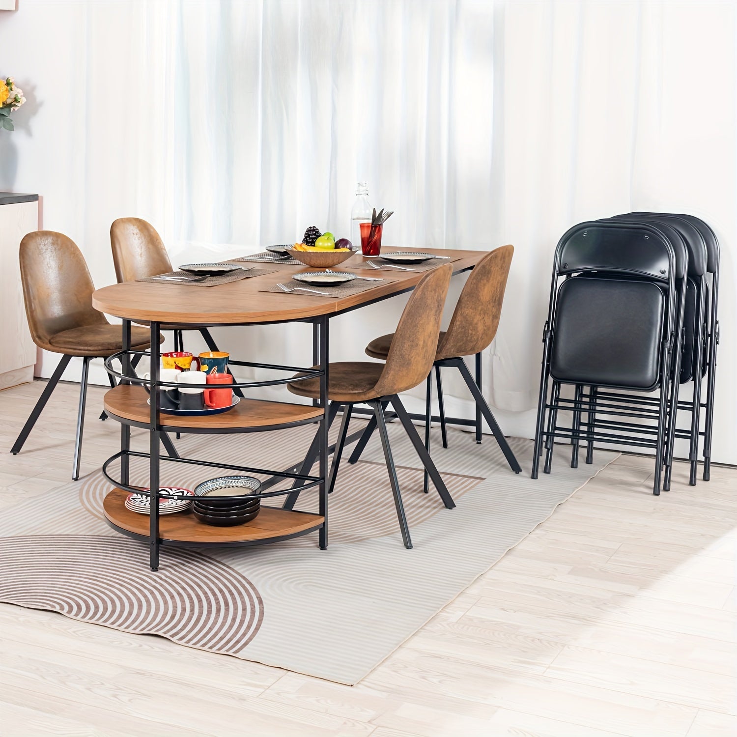 5 Piece Dining Set, 70" Dining Table With 4 Dining Chairs With Swivel Seats, Mid-Century Modern Dining Set With Metal Frame For Small Space, Brown/Beige