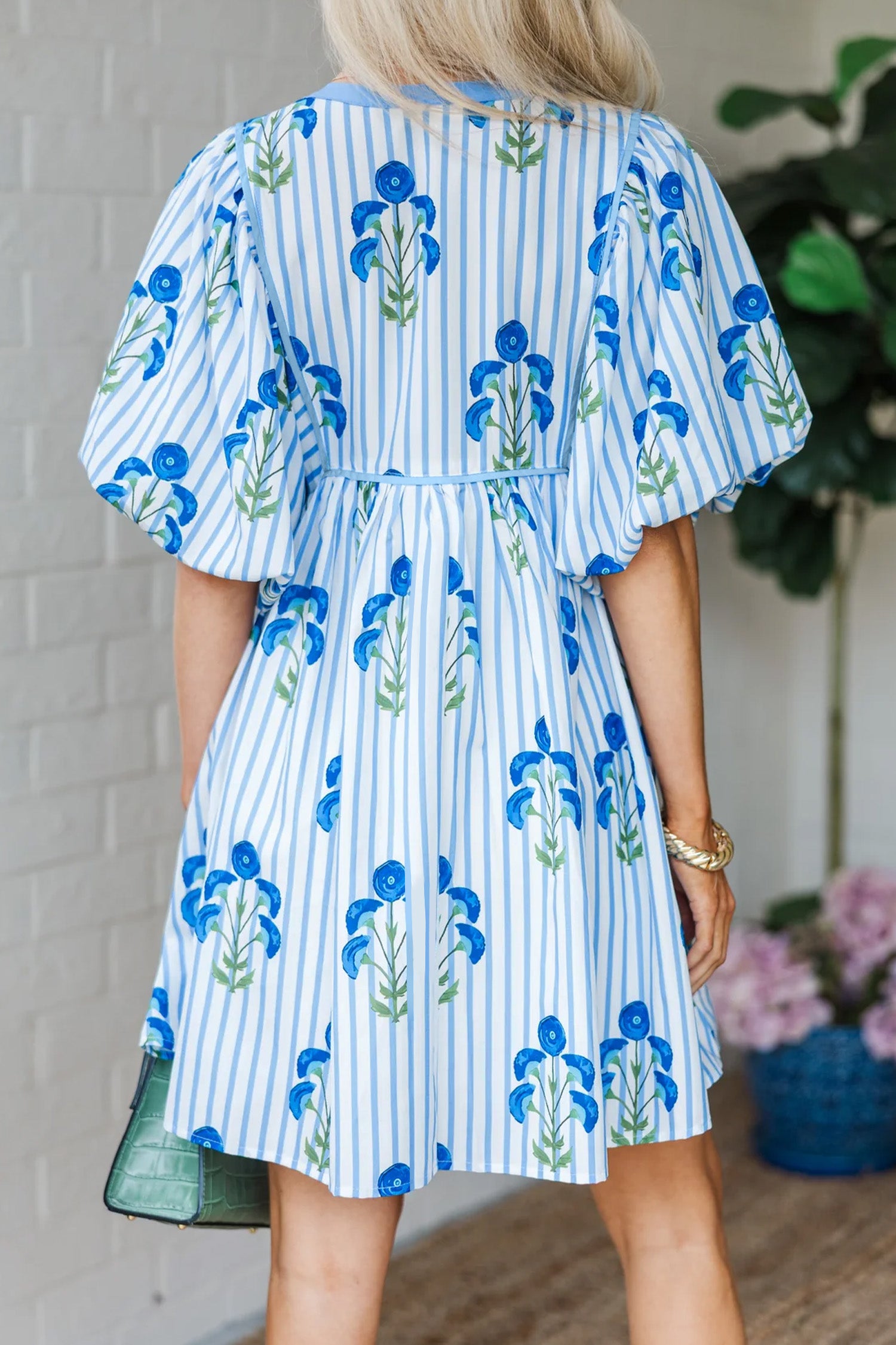 Pink Floral Striped Print Tie Notched Neck Puff Sleeve Flared Mini Dress
