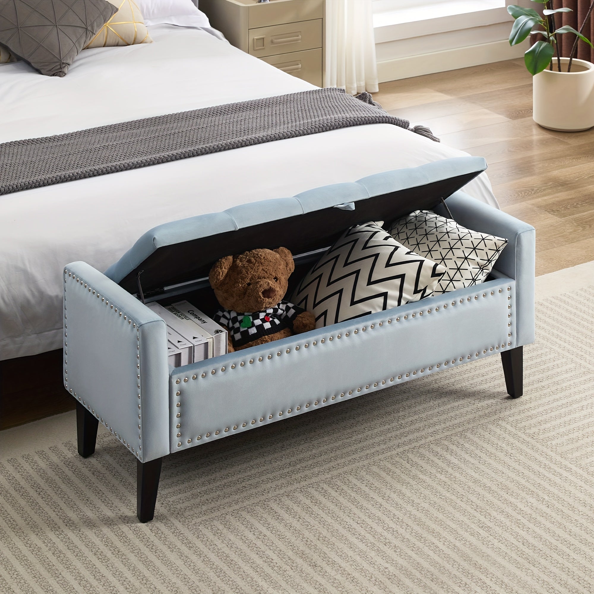 47" Velvet Storage Bench, Upholstered Bed Bench With Storage, End Of Bed Ottoman With Wooden Legs