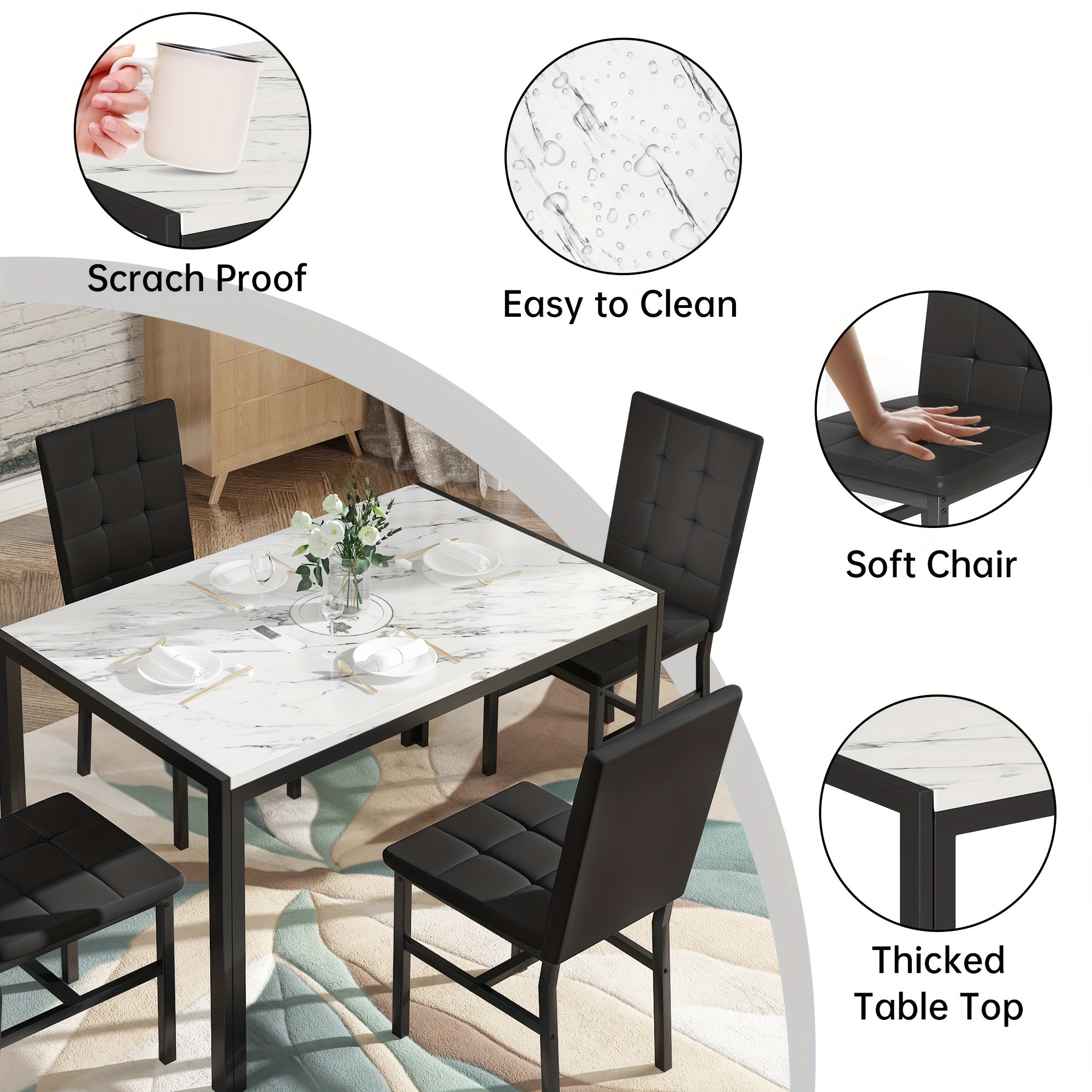 5pcs Faux Marble Tabletop Dining Table Set