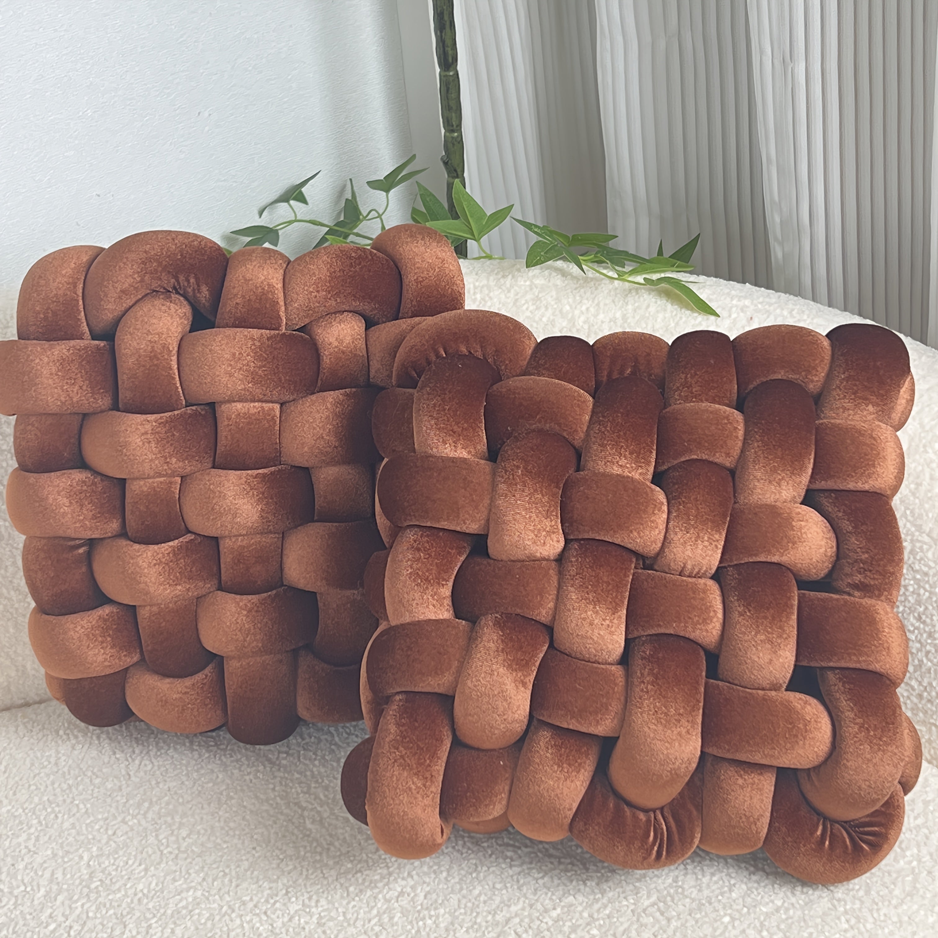 2pcs Gold Velvet Hand-woven Knot Pillow Square Decorative Pillow Knotted Floor Pillow