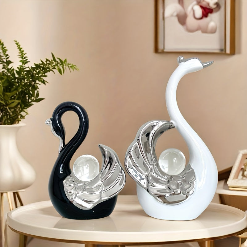 Luxury Crystal Ball Swan Ceramic Ornament Black and White High-end Light