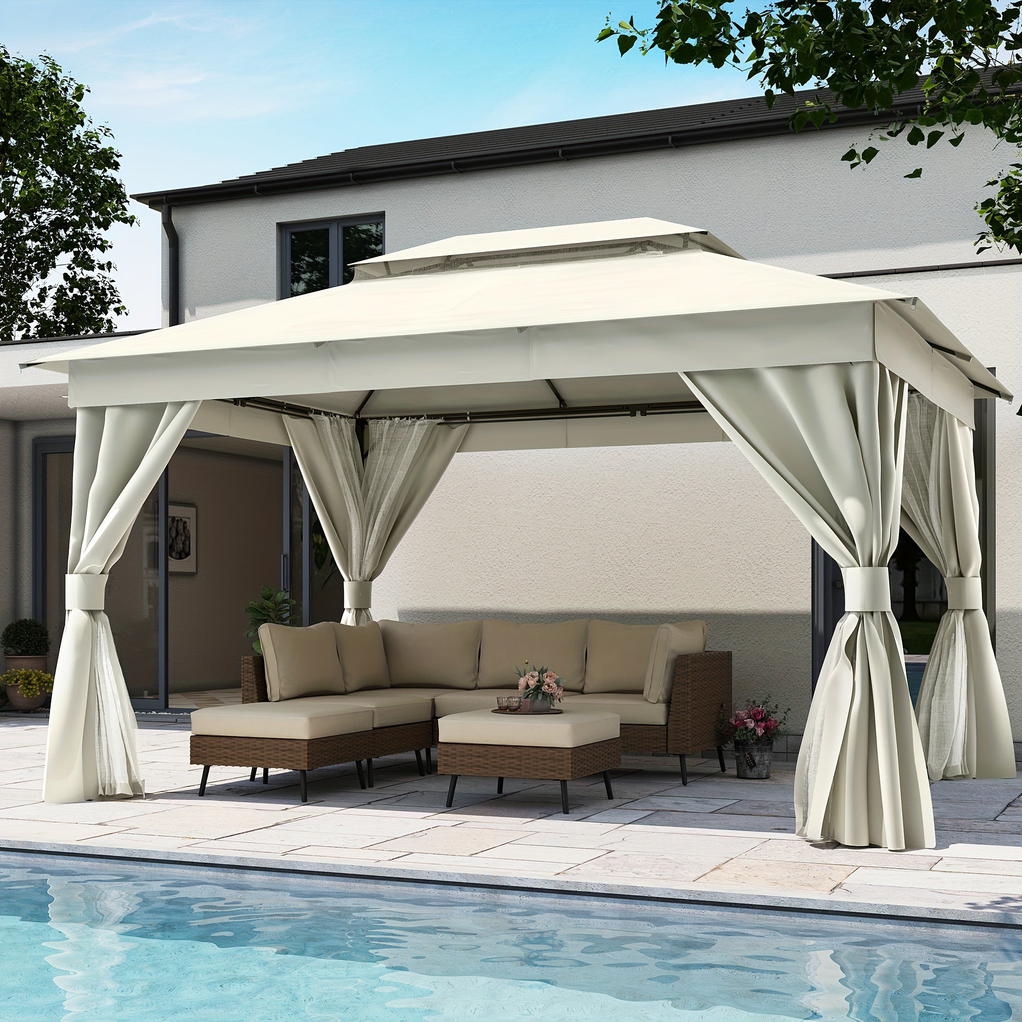 Outdoor Patio Gazebo With Expansion Bolts, Double Roof