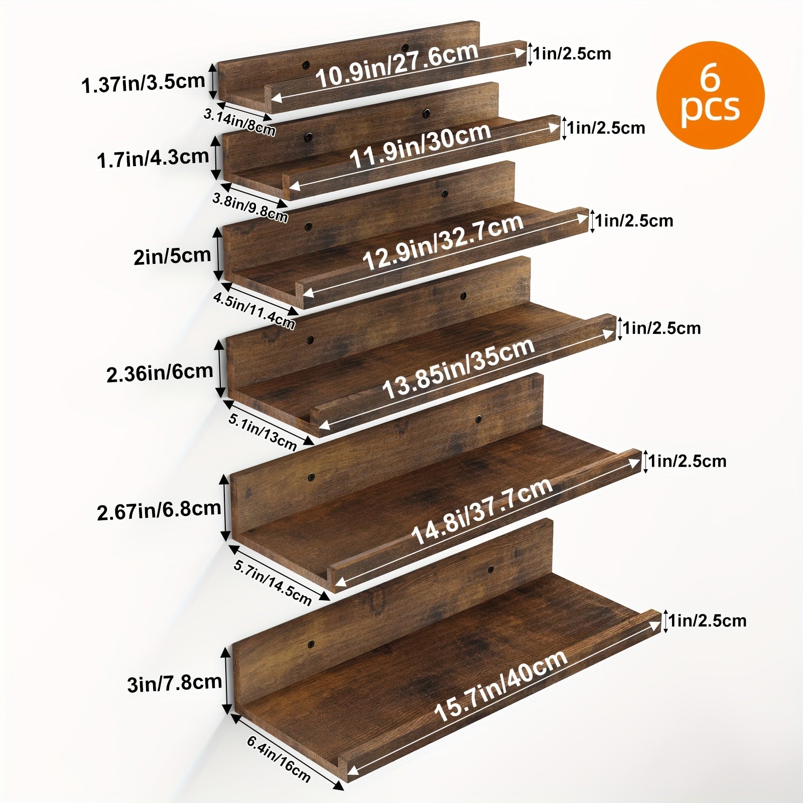 6pcs Floating Shelves, 6 Different Size, Wall Mounted Shelves For Home Decor