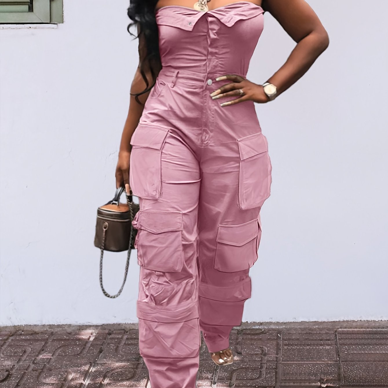 CHICSALE Women’s Bandeau Jumpsuit - Sexy Tube Top One-Piece with Button Detail