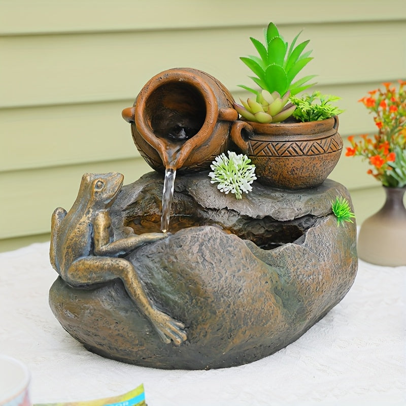 1pc Zen Frog Outdoor Tabletop Fountain, 8.9 Inches High, with Clay Pots, Trees, LED Lights And Water Pumps, Suitable for Outdoor, Water Fountain