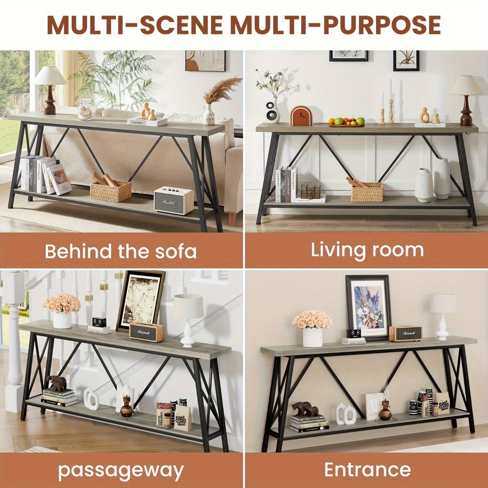 70.9 Inch Extra Long Sofa Table, Console Behind Sofa, Entryway Table With 2 Tier Storage Shelves, Rustic Gray And Black, 70.9"L X 11.8"W X 32"H