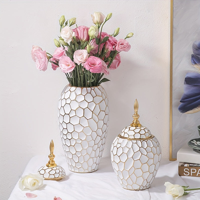 Elegant White & Golden Ceramic Vase with Hexagonal Pattern