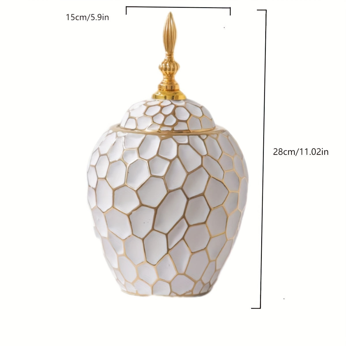 Elegant White & Golden Ceramic Vase with Hexagonal Pattern