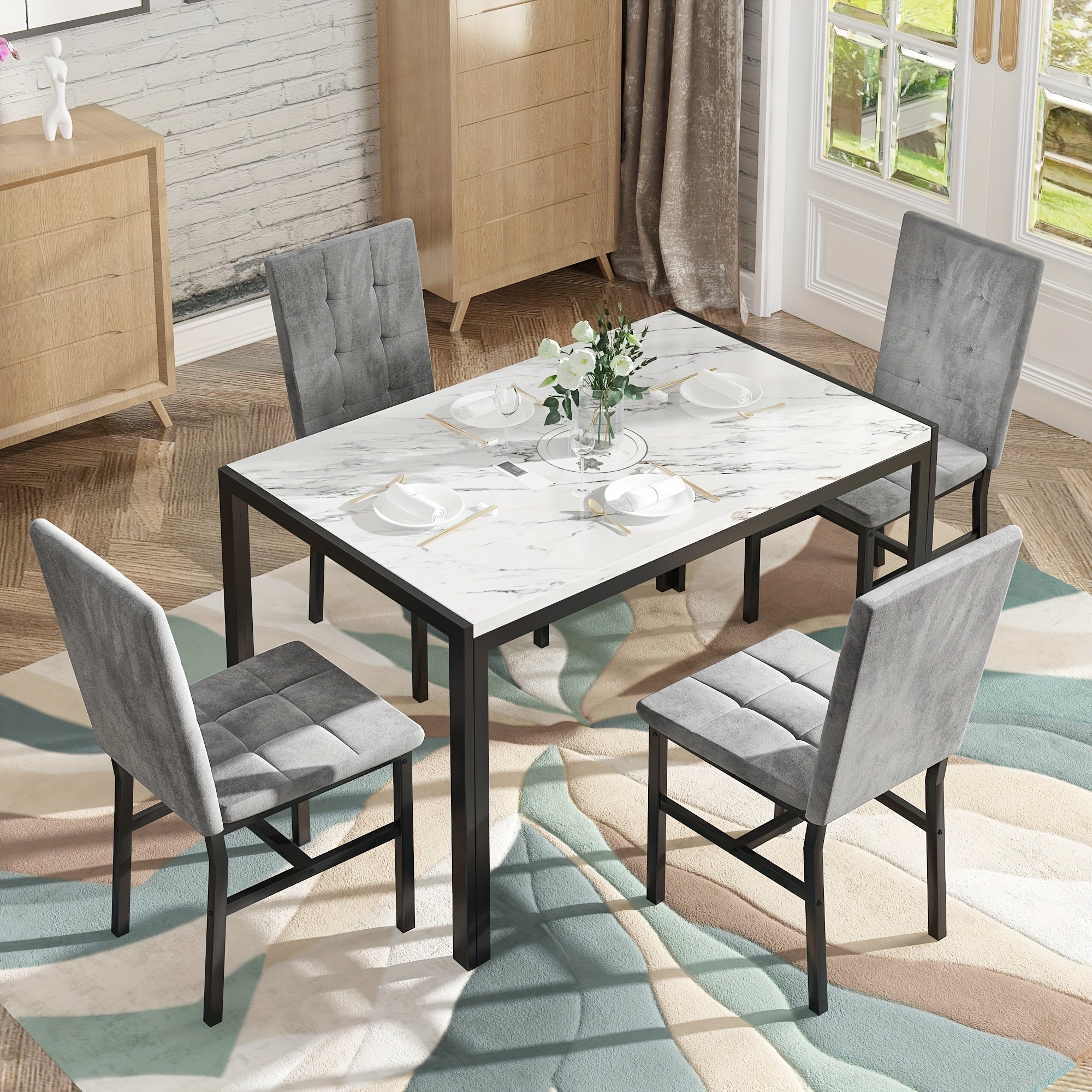 5pcs Faux Marble Tabletop Dining Table Set