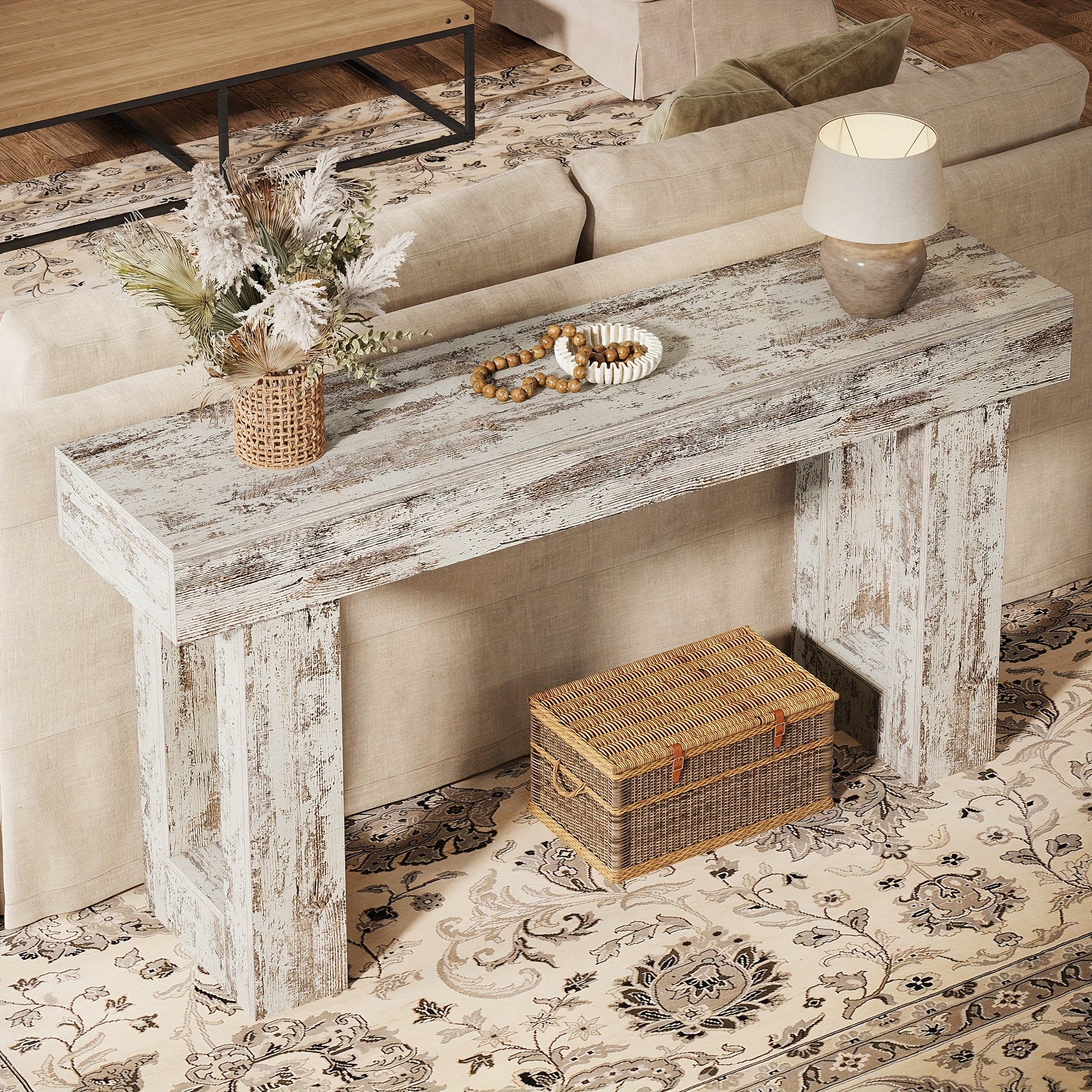 63-Inch Solid Hardwood Console Table - Contemporary Farmhouse Sofa Table with Engineered Wood Top, Space-Saving
