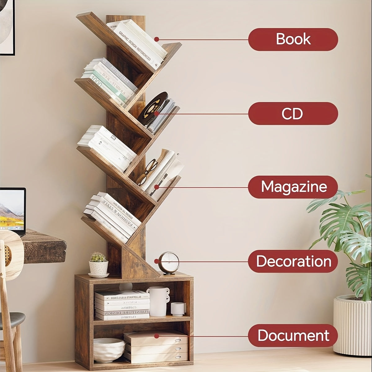 6 Tier Tree Bookshelf, Small Bookcase with Storage Cabinet, Modern Tall Narrow Bookshelves Organizer