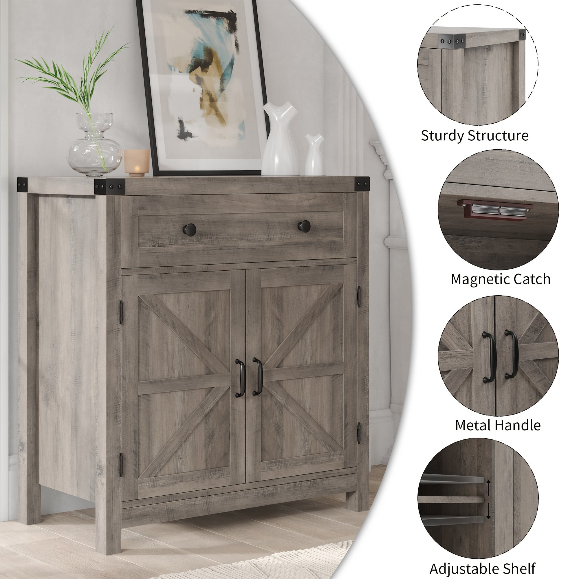 Double-Door Storage Cabinet with Drawer, Modern Farmhouse Buffet Sideboard