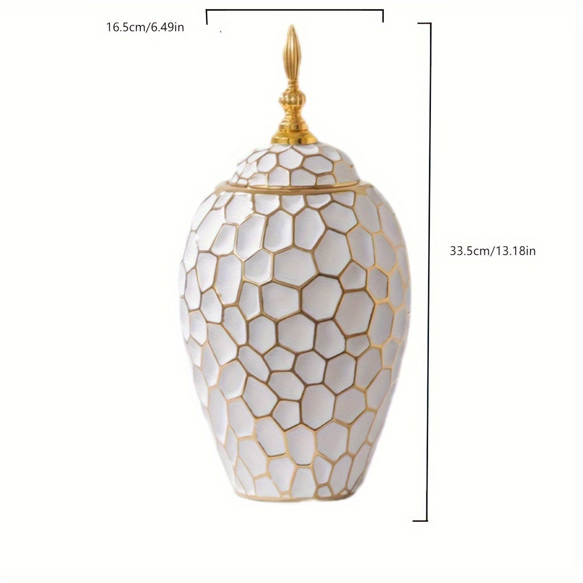 Elegant White & Golden Ceramic Vase with Hexagonal Pattern