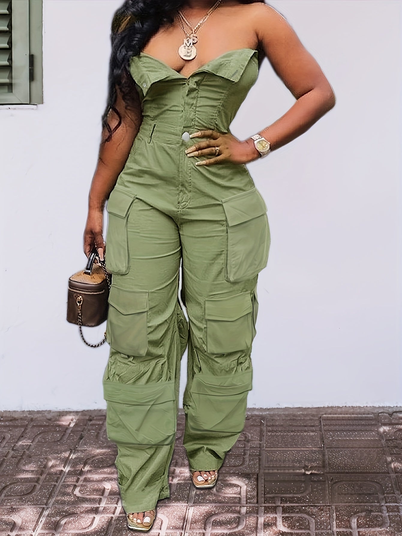 CHICSALE Women’s Bandeau Jumpsuit - Sexy Tube Top One-Piece with Button Detail