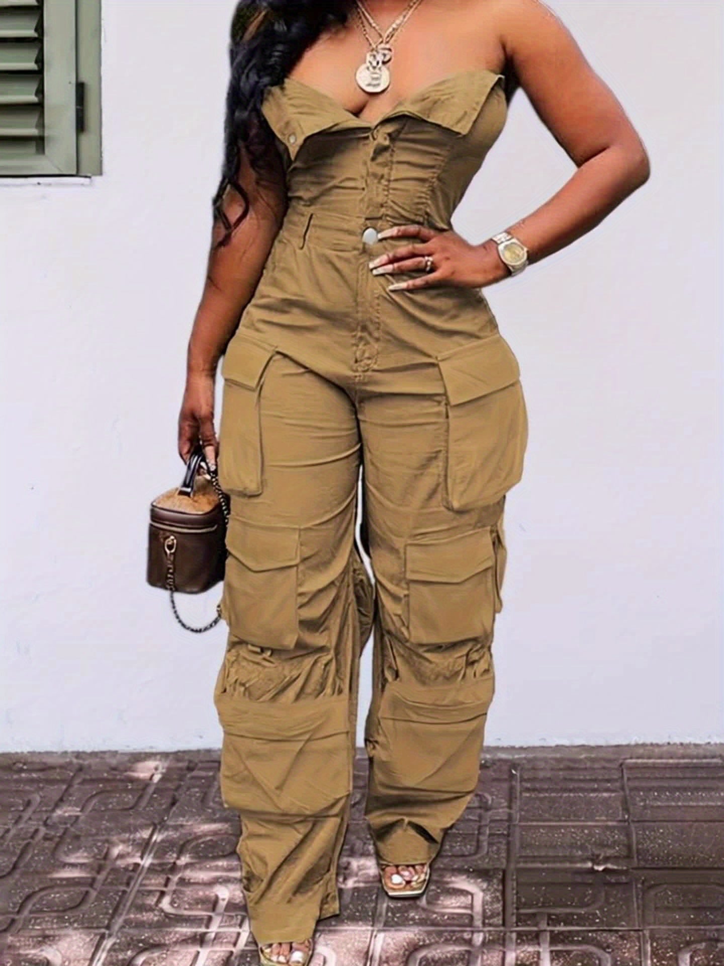 CHICSALE Women’s Bandeau Jumpsuit - Sexy Tube Top One-Piece with Button Detail