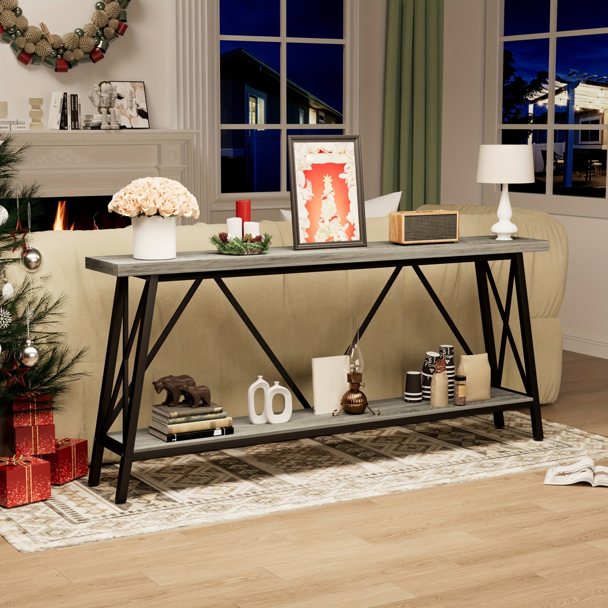 70.9 Inch Extra Long Sofa Table, Console Behind Sofa, Entryway Table With 2 Tier Storage Shelves, Rustic Gray And Black, 70.9"L X 11.8"W X 32"H