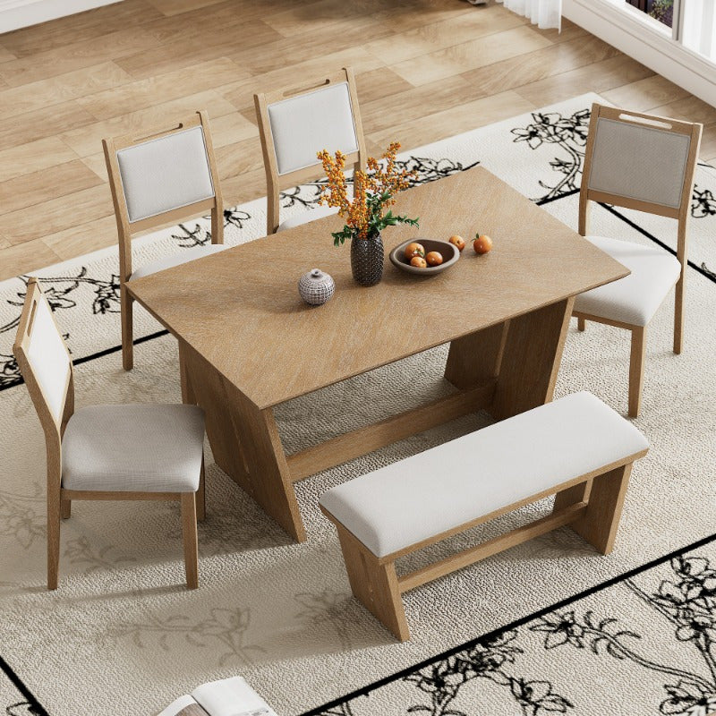 6pcs Retro Dining Set for 6, 60" Kitchen Table with 4 Chairs and Bench, Trestle Base Design for Dining Room, Natural Wash Finish, Durable and Stylish.