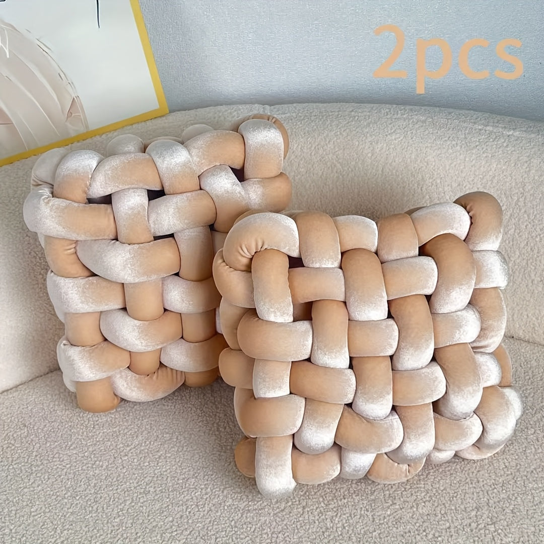 2pcs Gold Velvet Hand-woven Knot Pillow Square Decorative Pillow Knotted Floor Pillow