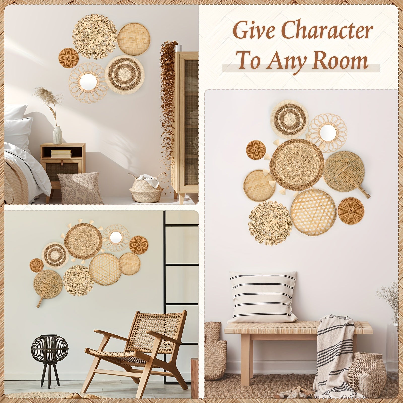 9-piece Set Wall Hanging Basket Decoration Bohemian Style Wall Hanging Decoration Rattan Wall Decoration Flat Round Wicker Mirror Woven Lace Fringe Tapestry