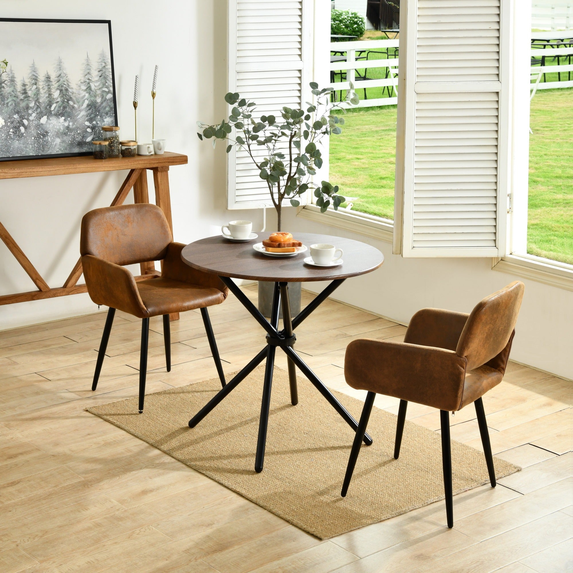 Dining Set with Solid Wood Table and Upholstered Chairs in Beige and Brown