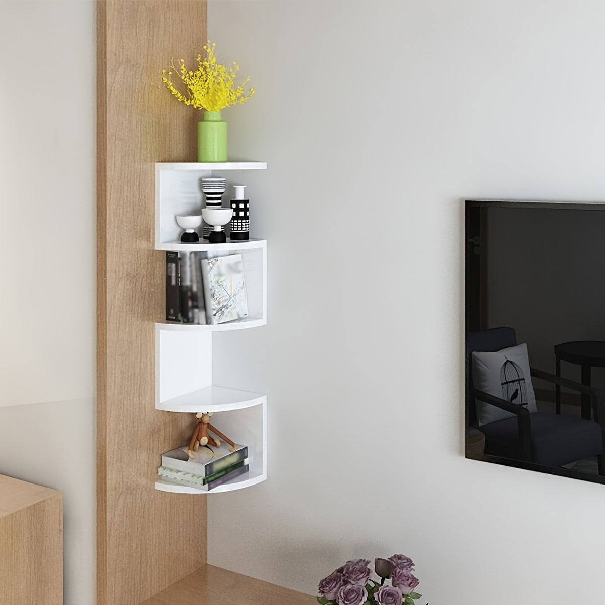 5-layer White Corner Shelf - No Drilling Required, Multi-layer Storage Shelf, Space Saving Kitchen Organizer, Home Corner Shelf, Partition Bookshelf