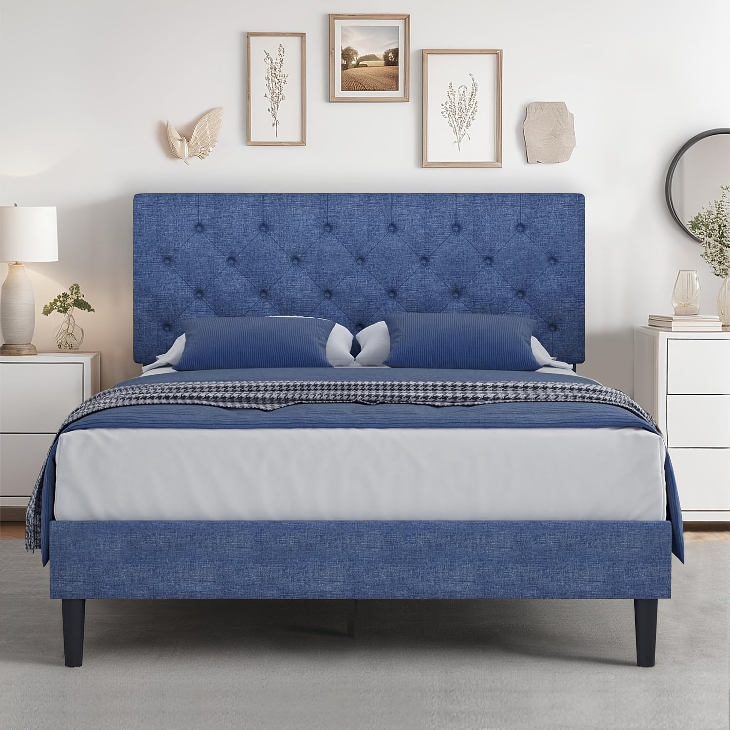 Twin/Full/Queen/King Size Bed Frame With Headboard, Linen Fabric Upholstered Bed Frame With Wood Slats(mattress Not Included), Wood Slats For Easy Assembly, Button Tufted