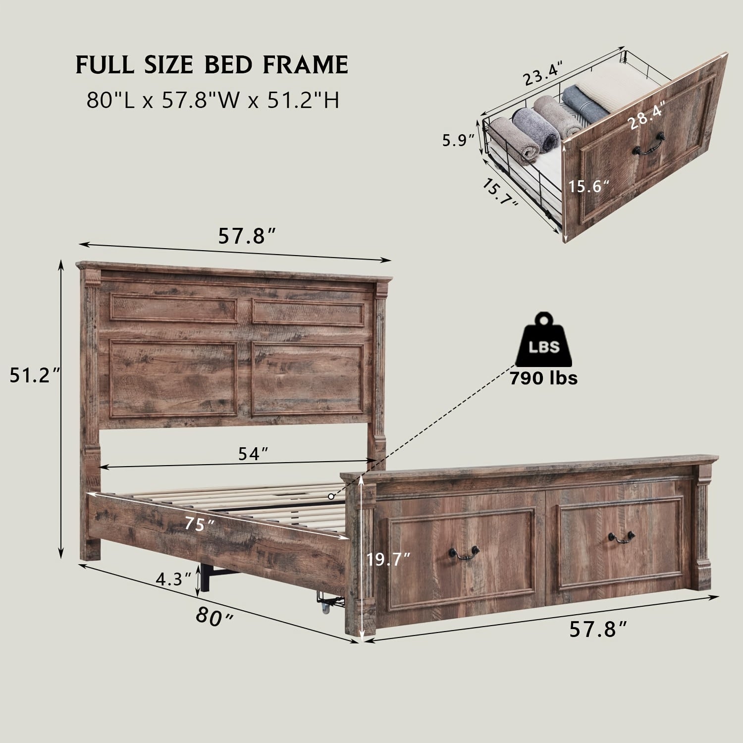 Rustic Farmhouse Full-Size Bed Frame with Tall Headboard