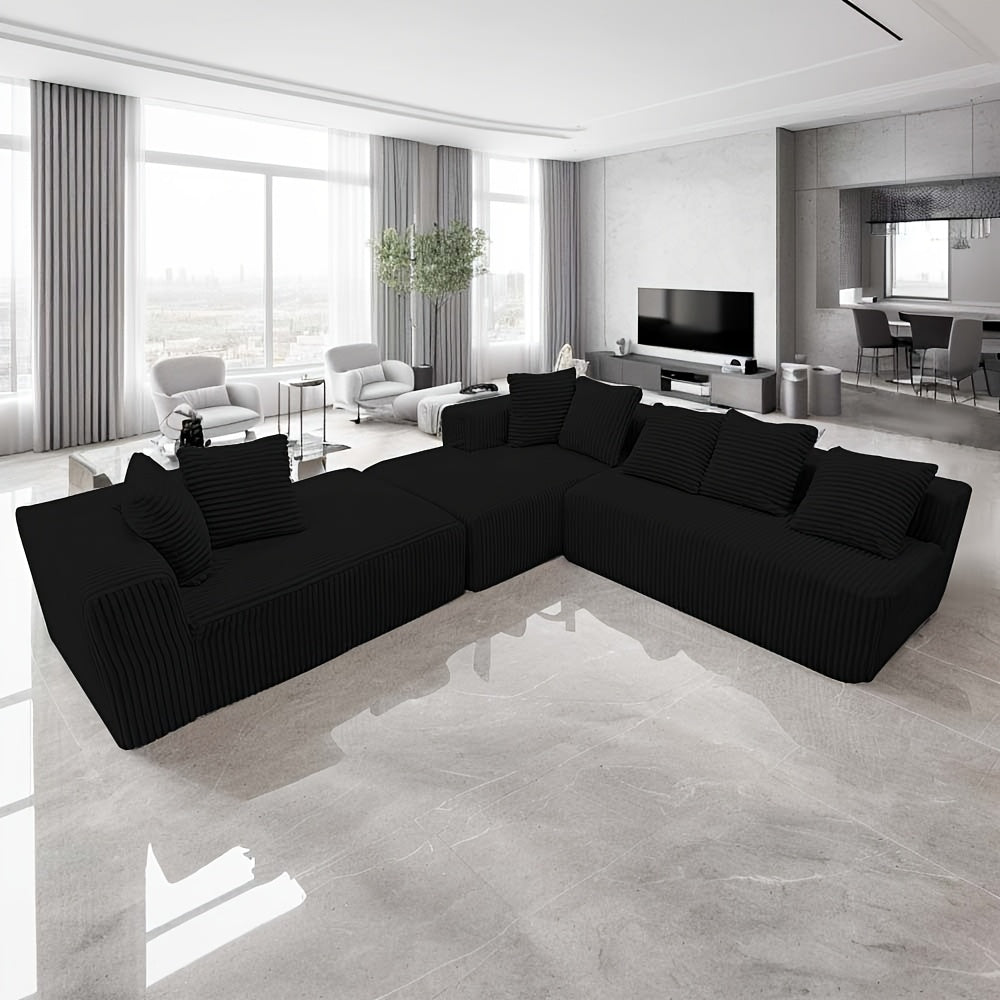 4-Seater Modular U-Shaped Sectional Sofa | Grey Striped Corduroy Upholstery, Customizable Configurations, Easy Assembly, Durable & Easy-Clean Fabric | Modern Sectional Sofa for Living Room, Apartment