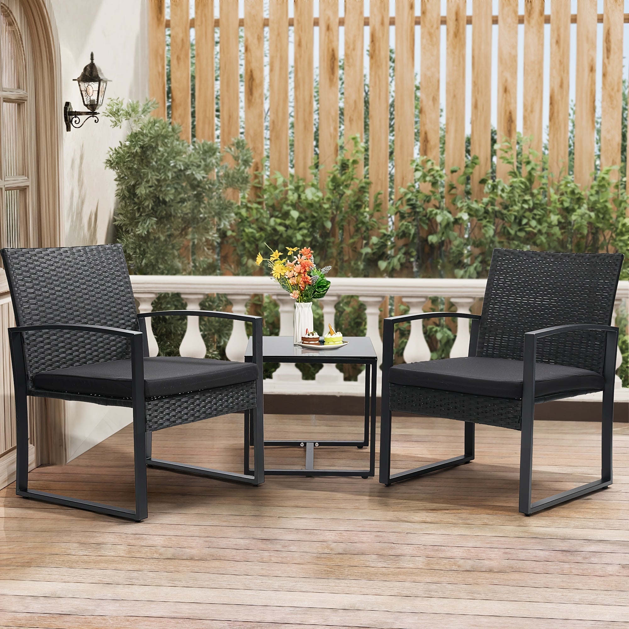 3pcs Bistro Set with Tempered Glass Table, Thick Cushions