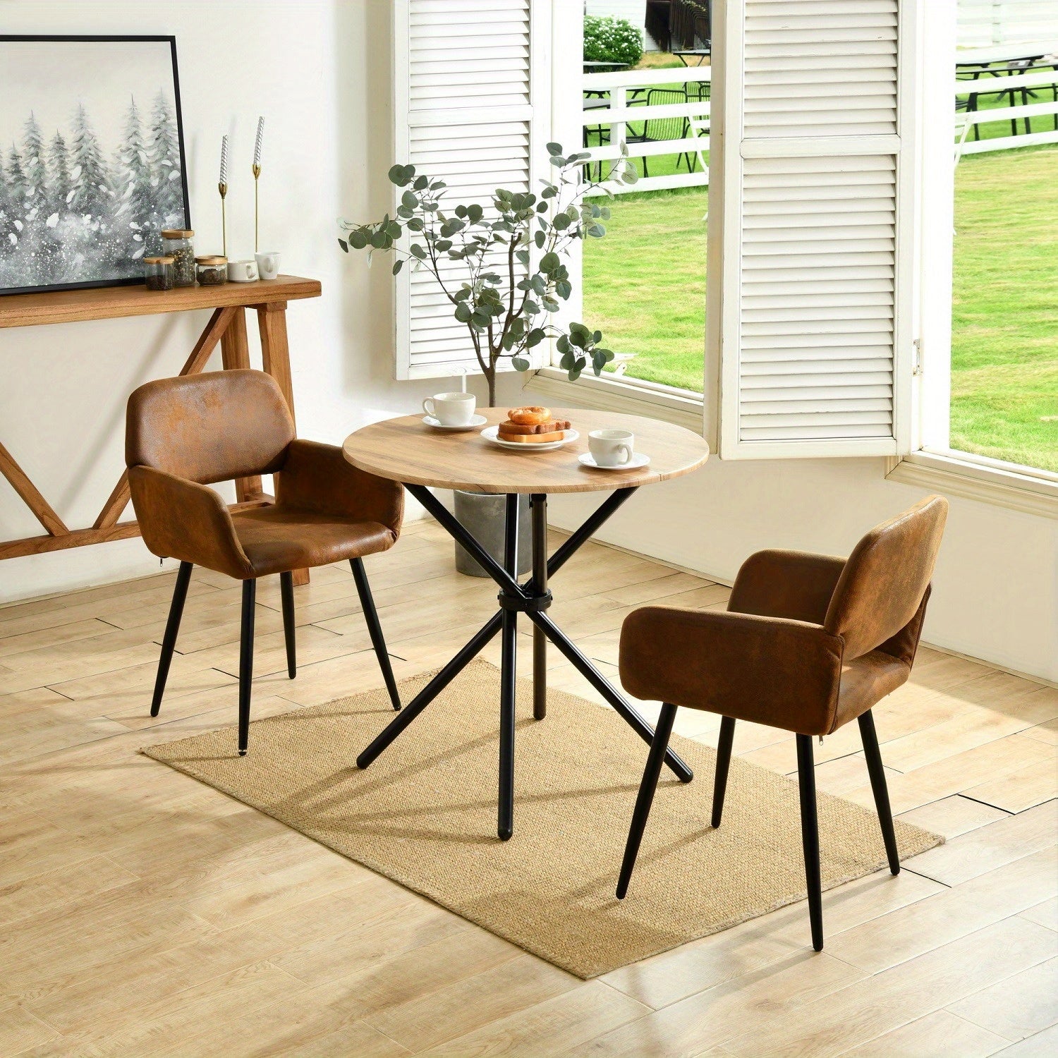 Dining Set with Solid Wood Table and Upholstered Chairs in Beige and Brown