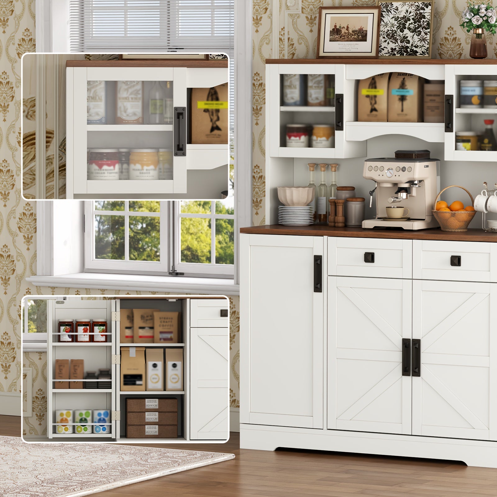 Kitchen Pantry Cabinet, Kitchen Storage Cabinet with 2 Drawer And Door, Tall Kitchen Hutch Cabinet with Microwave Stand