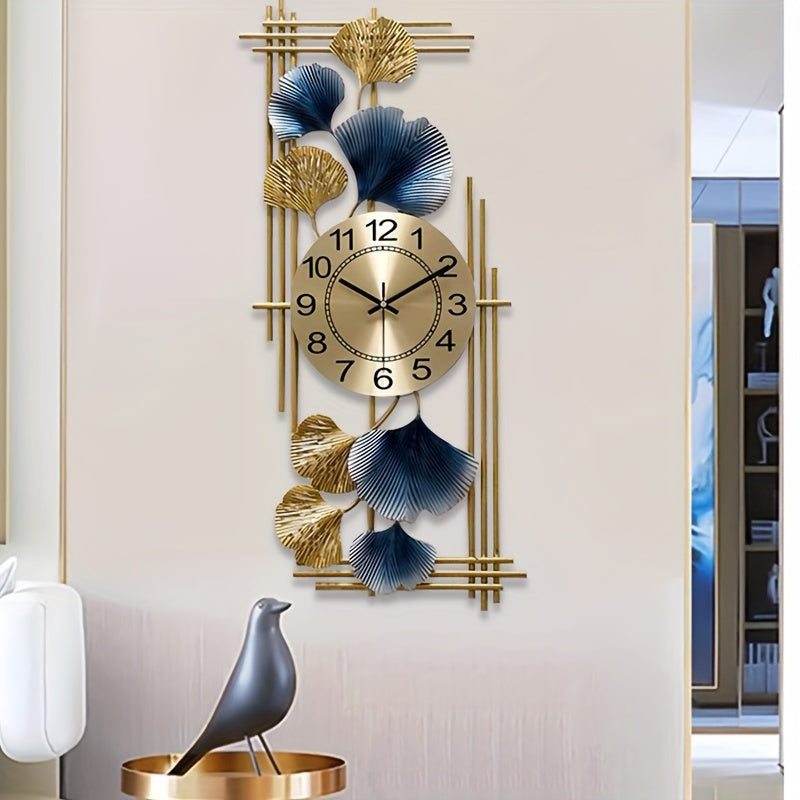 Elegant Ginkgo Leaf Wall Clock - Silent, Battery-Powered Metal Decor