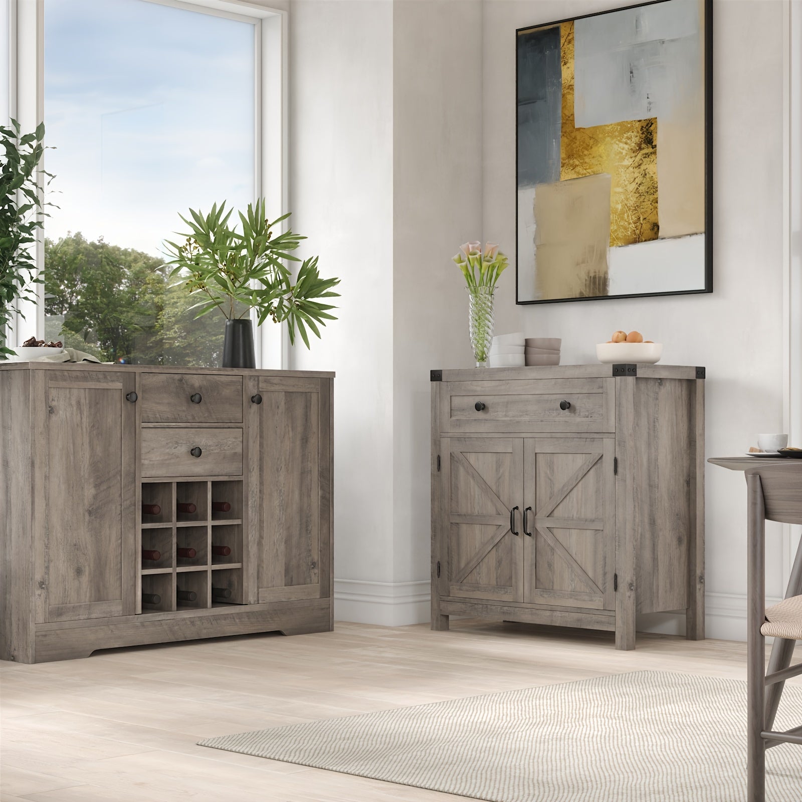 Double-Door Storage Cabinet with Drawer, Modern Farmhouse Buffet Sideboard