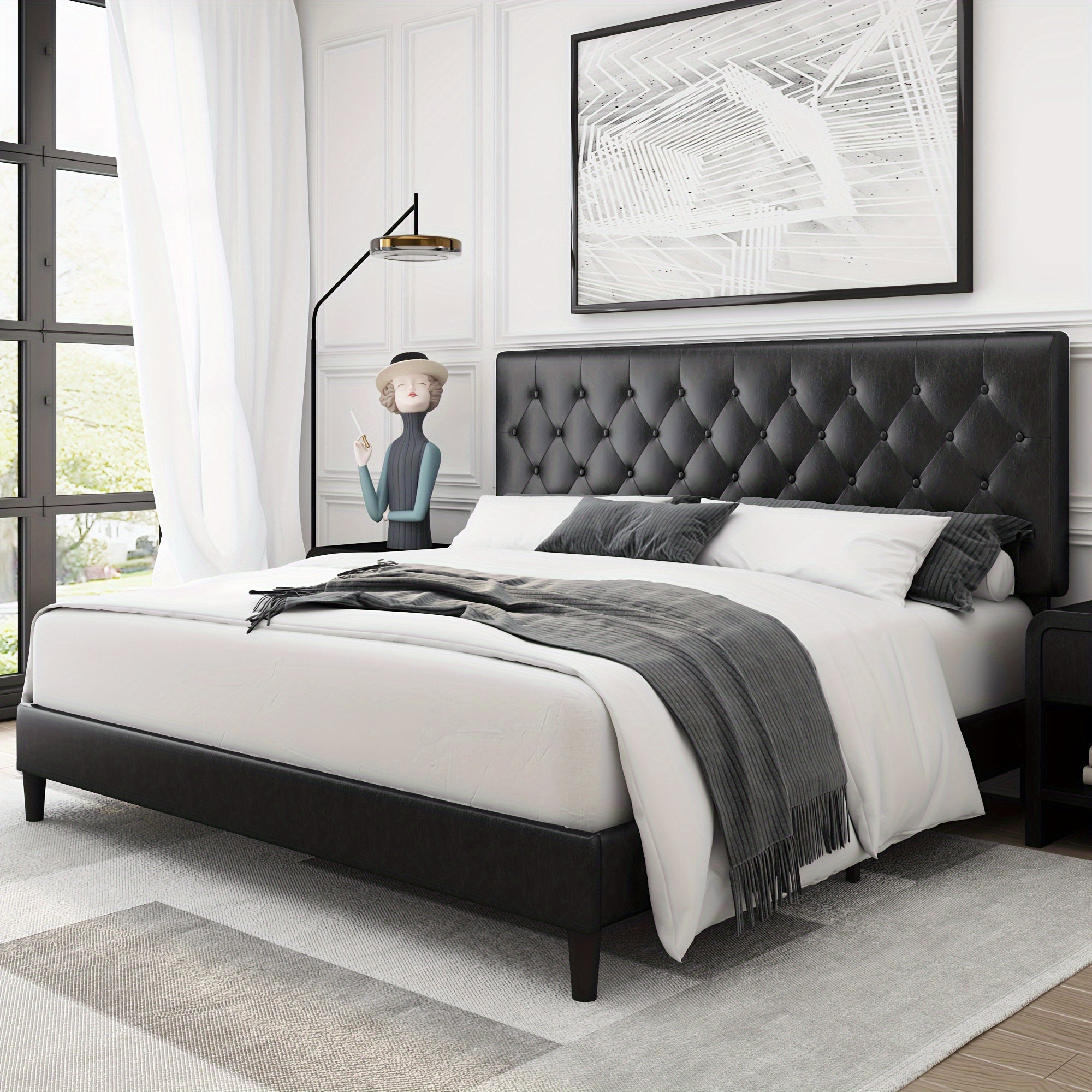 Faux leather platform bed with strong wooden slats, Upholstered Bed Frame with Adjustable Stitched Button Tufted Headboard