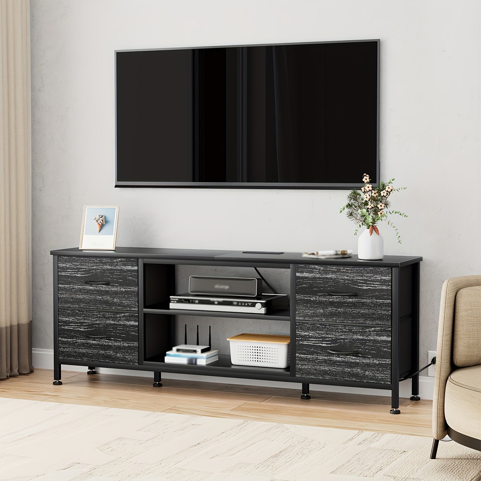 TV Stand, Entertainment Center Power Outlet with Fabric Drawers, Media Console Table with Metal Frame And Wood Top for TV Up to 60 Inch