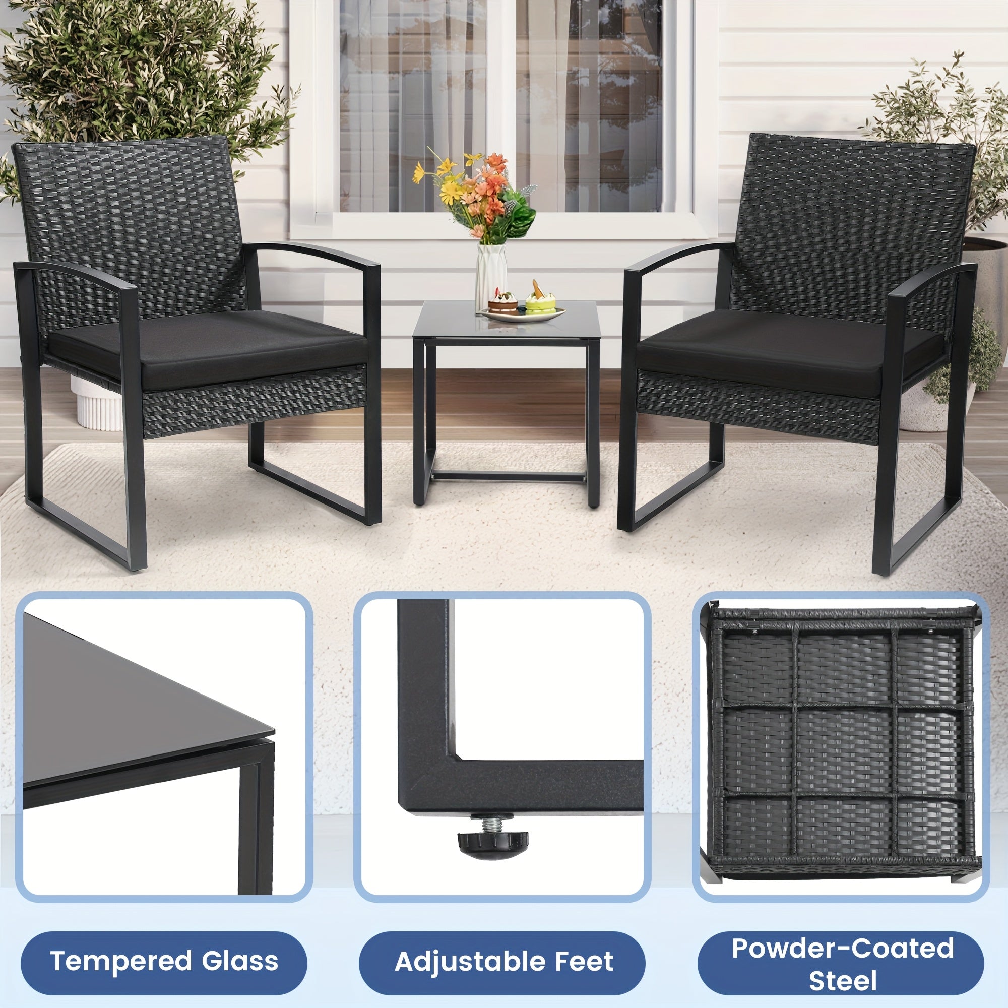 3pcs Bistro Set with Tempered Glass Table, Thick Cushions