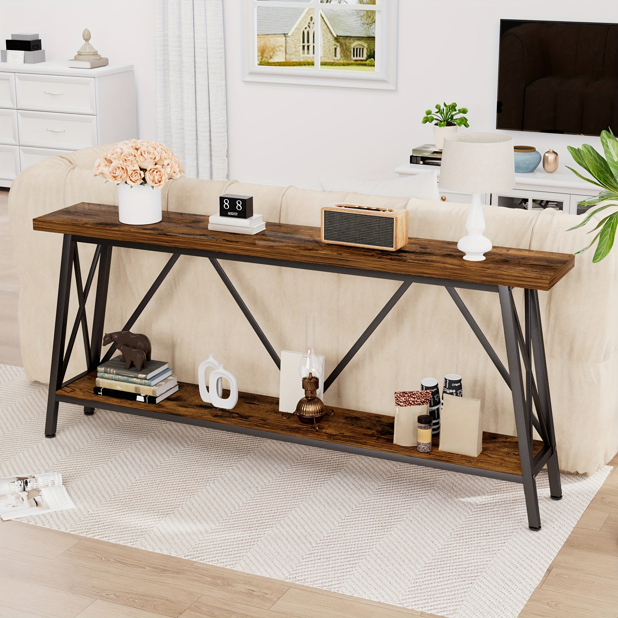 70.9 Inch Extra Long Sofa Table, Console Behind Sofa, Entryway Table With 2 Tier Storage Shelves, Rustic Gray And Black, 70.9"L X 11.8"W X 32"H