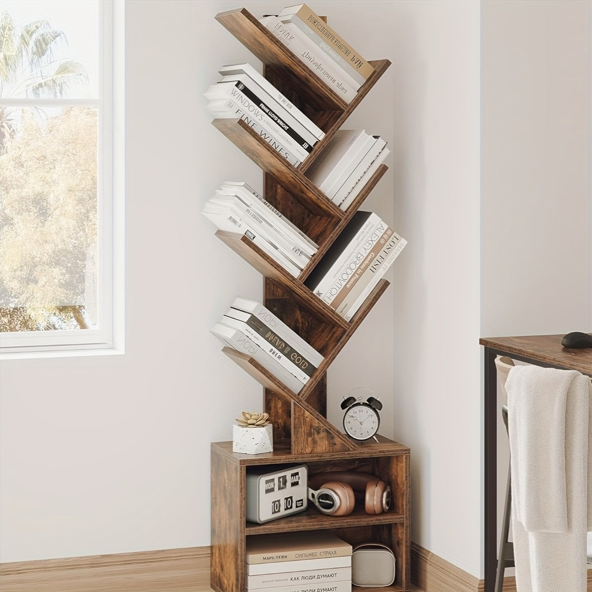 6 Tier Tree Bookshelf, Small Bookcase with Storage Cabinet, Modern Tall Narrow Bookshelves Organizer