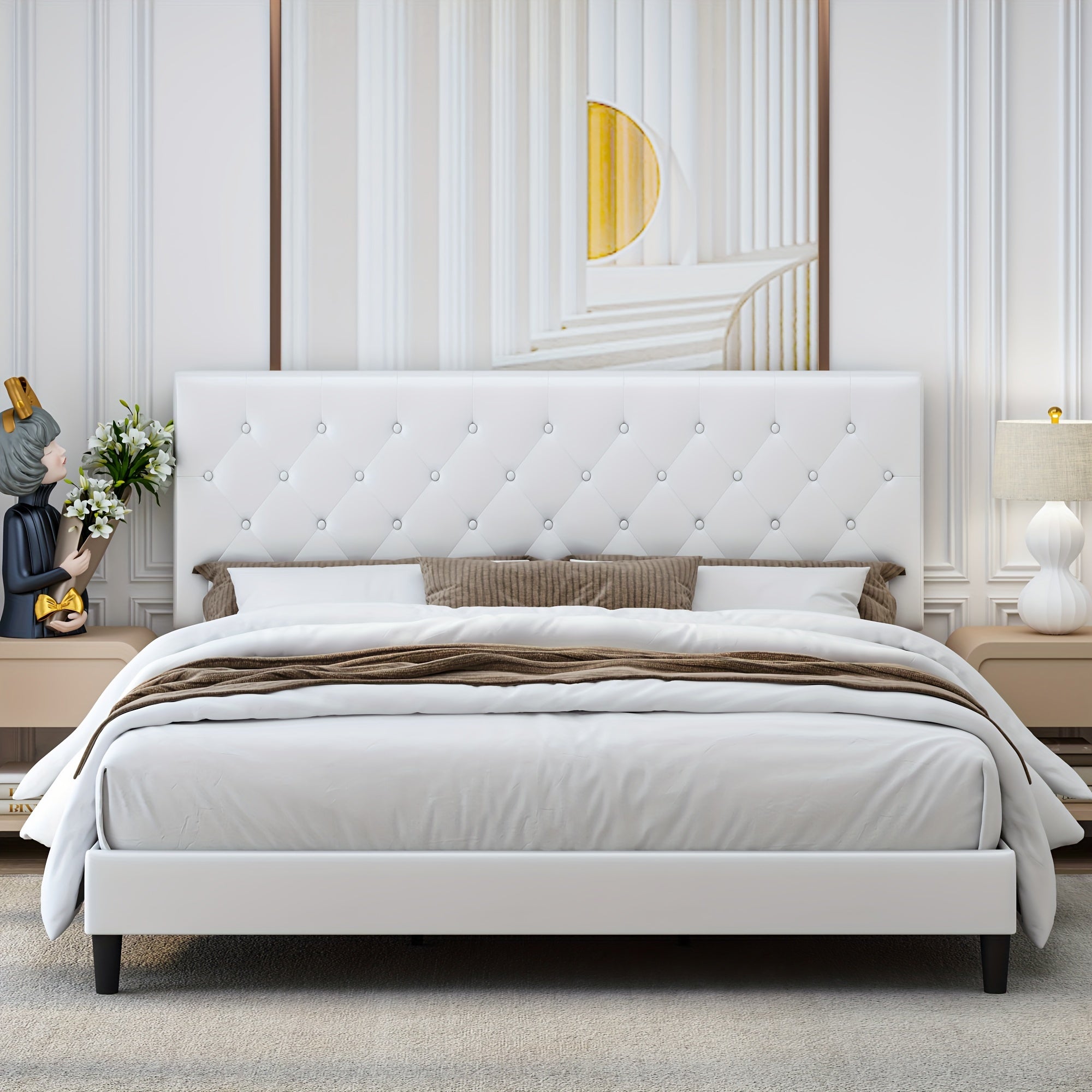 Faux leather platform bed with strong wooden slats, Upholstered Bed Frame with Adjustable Stitched Button Tufted Headboard