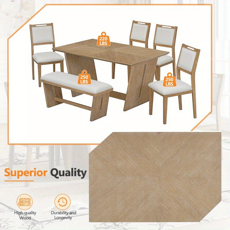 6pcs Retro Dining Set for 6, 60" Kitchen Table with 4 Chairs and Bench, Trestle Base Design for Dining Room, Natural Wash Finish, Durable and Stylish.