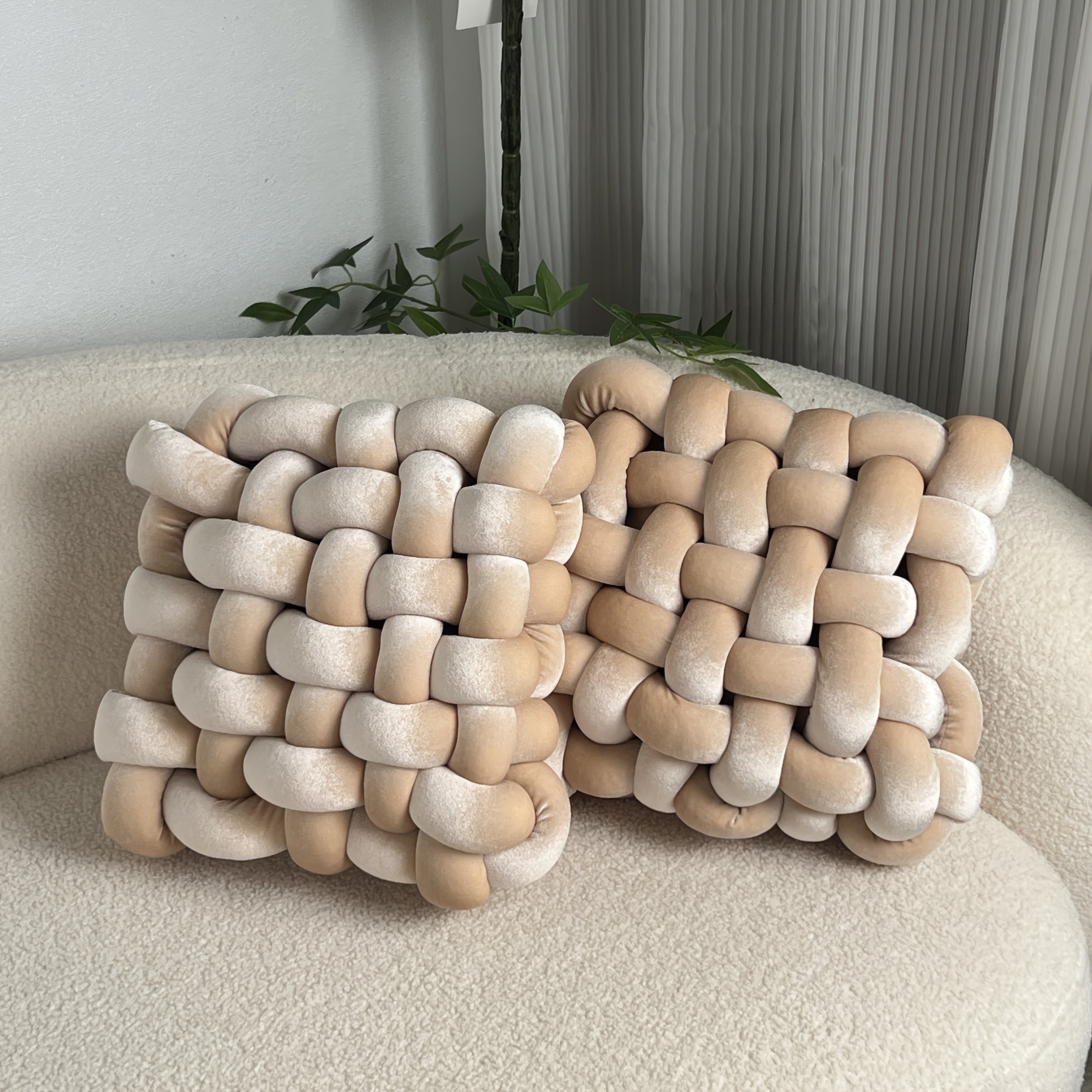 2pcs Gold Velvet Hand-woven Knot Pillow Square Decorative Pillow Knotted Floor Pillow