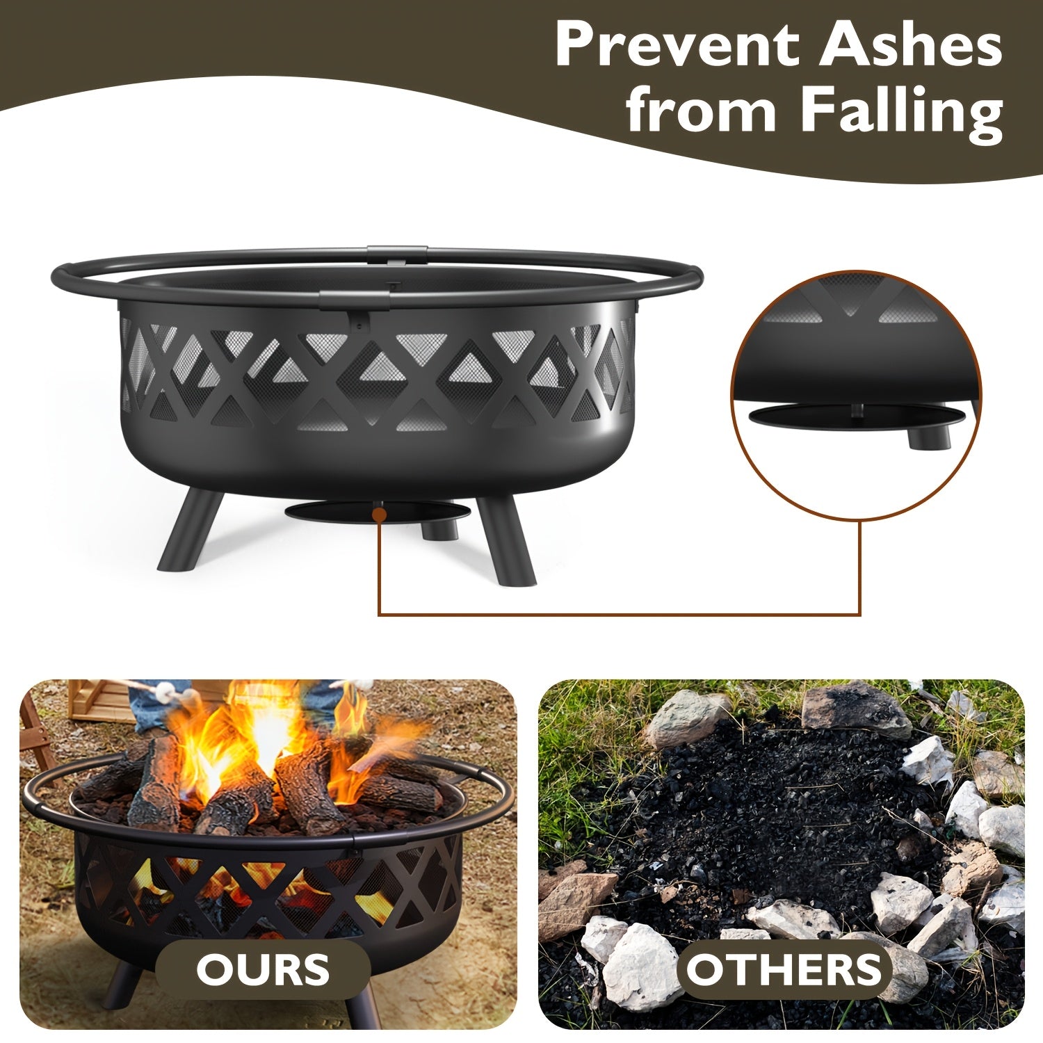 30 Inch Outdoor Wood Burning Fire Pit with Spark Screen, Cover & Fire Poker for Backyard
