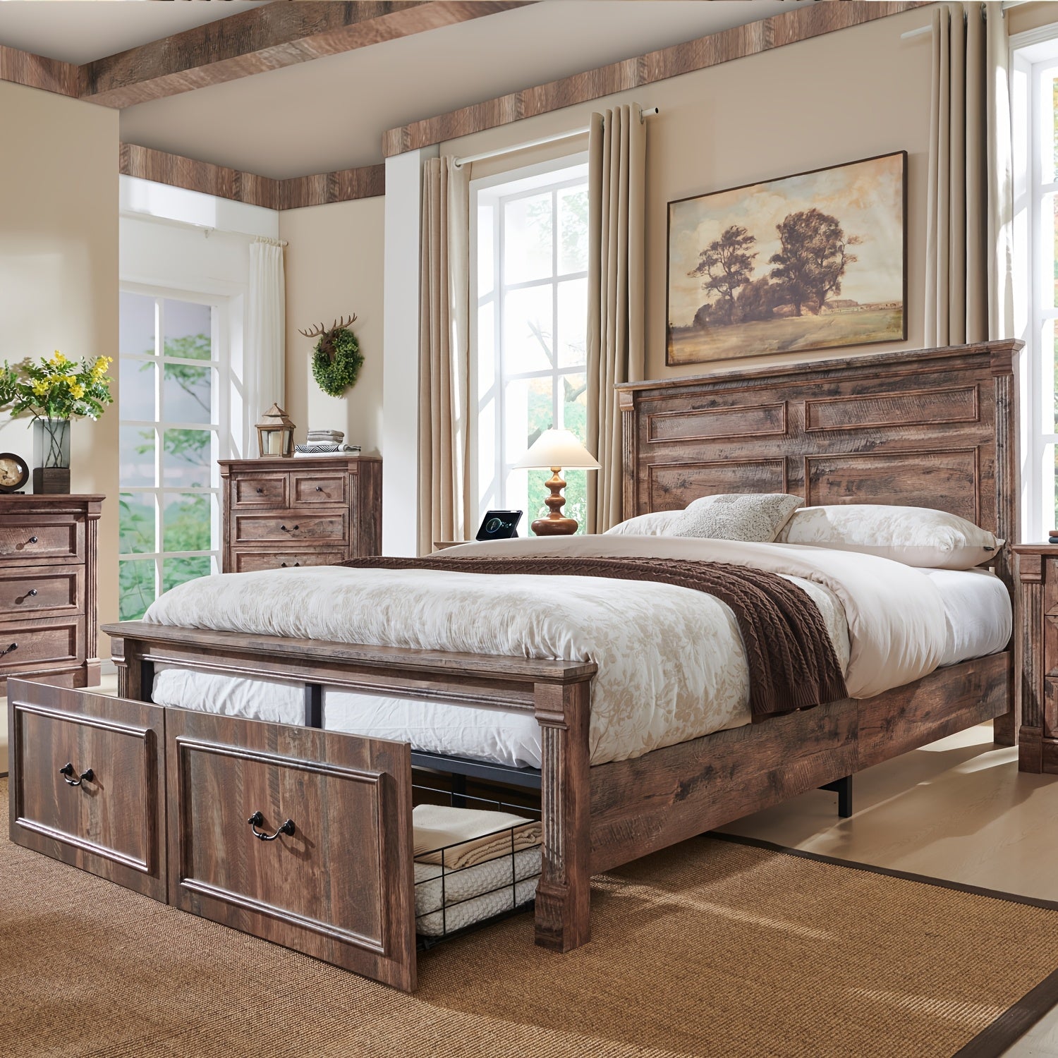 Rustic Farmhouse Full-Size Bed Frame with Tall Headboard
