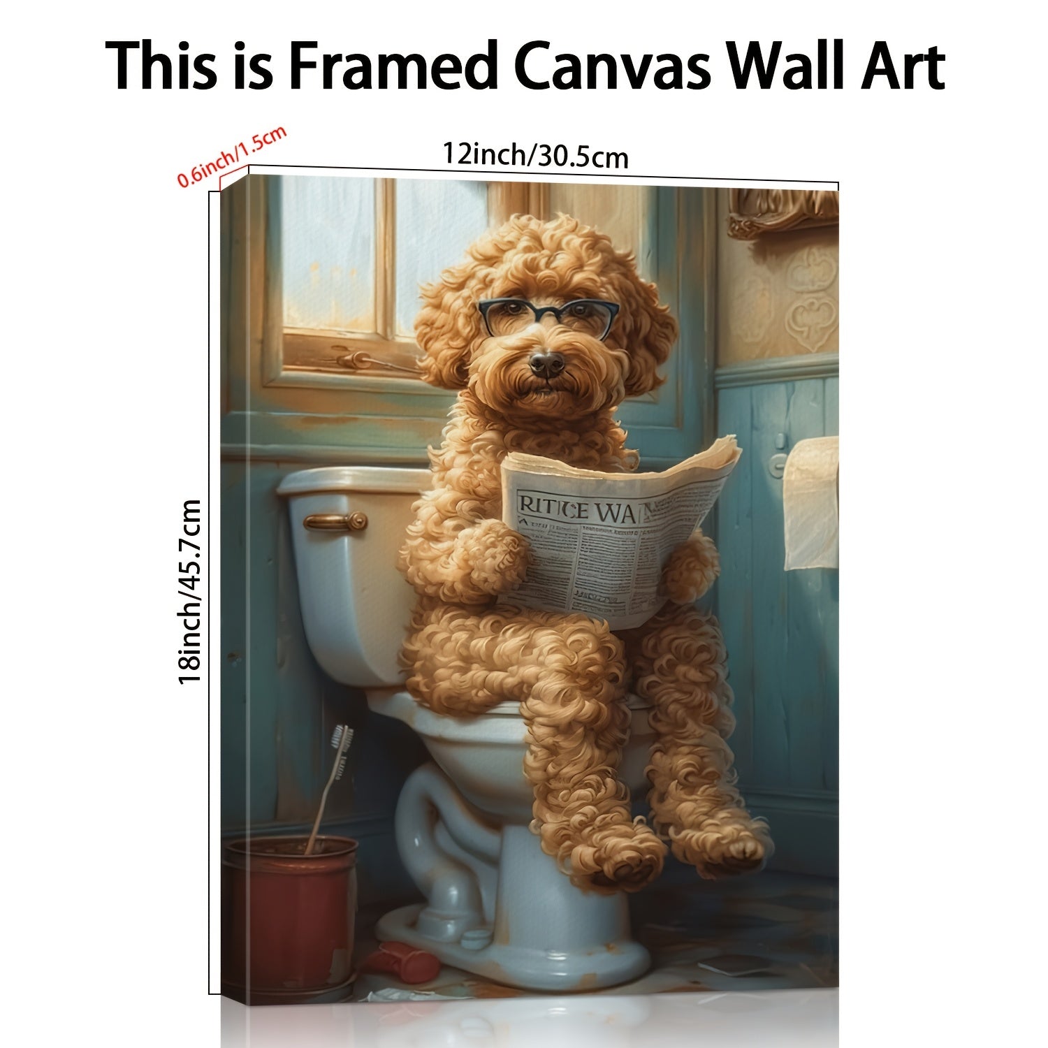 Whimsy Quirky Canvas Wall Art - Wood Frame Print, Humorous Dog on Toilet Reading Newspaper