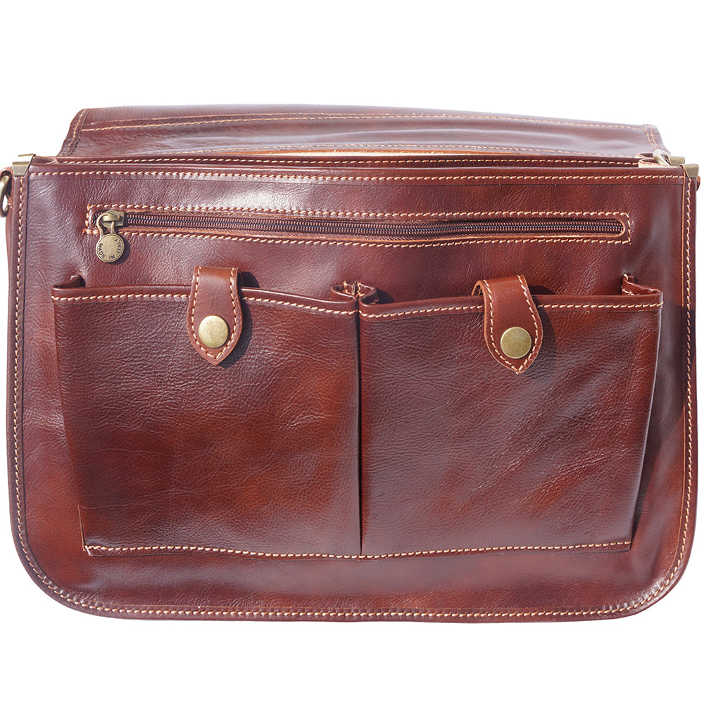 Leather briefcase in two compartments with double pockets on the front - Made In Italy