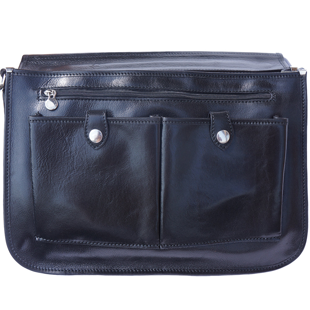 Leather briefcase in two compartments with double pockets on the front - Made In Italy